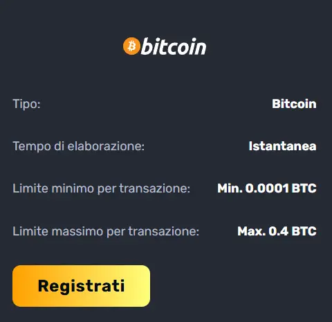 Deposita Rocket Play tramite Bitcoin